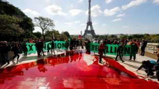 Umweltaktivisten vergießen 300 Liter Kunstblut vor dem Eiffelturm
