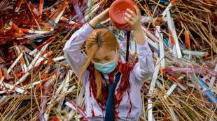 Blutrote Farbe aus Protest gegen Thailands rigides Bildungssystem 