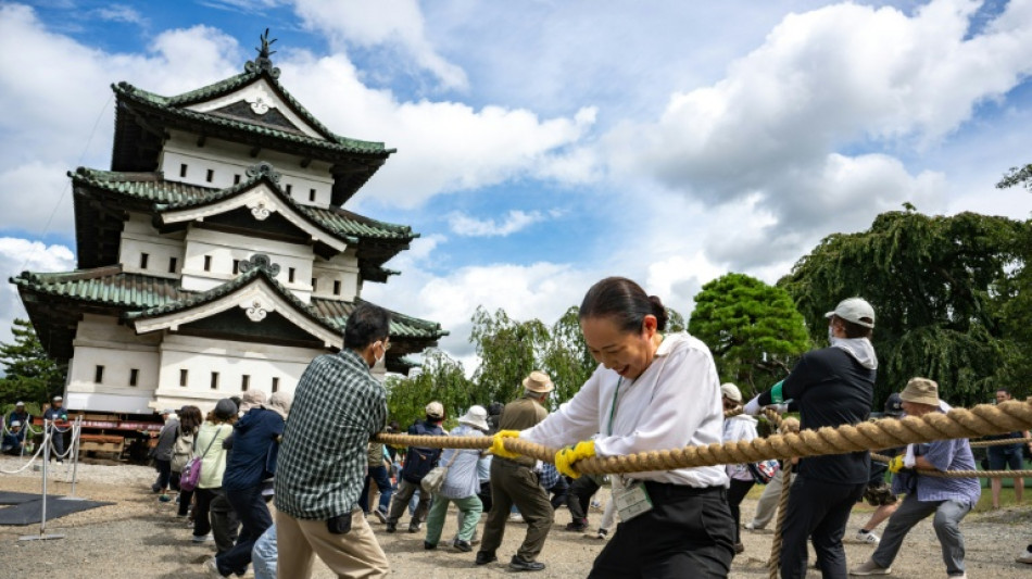  With ropes and chants, thousands move Japanese castle 